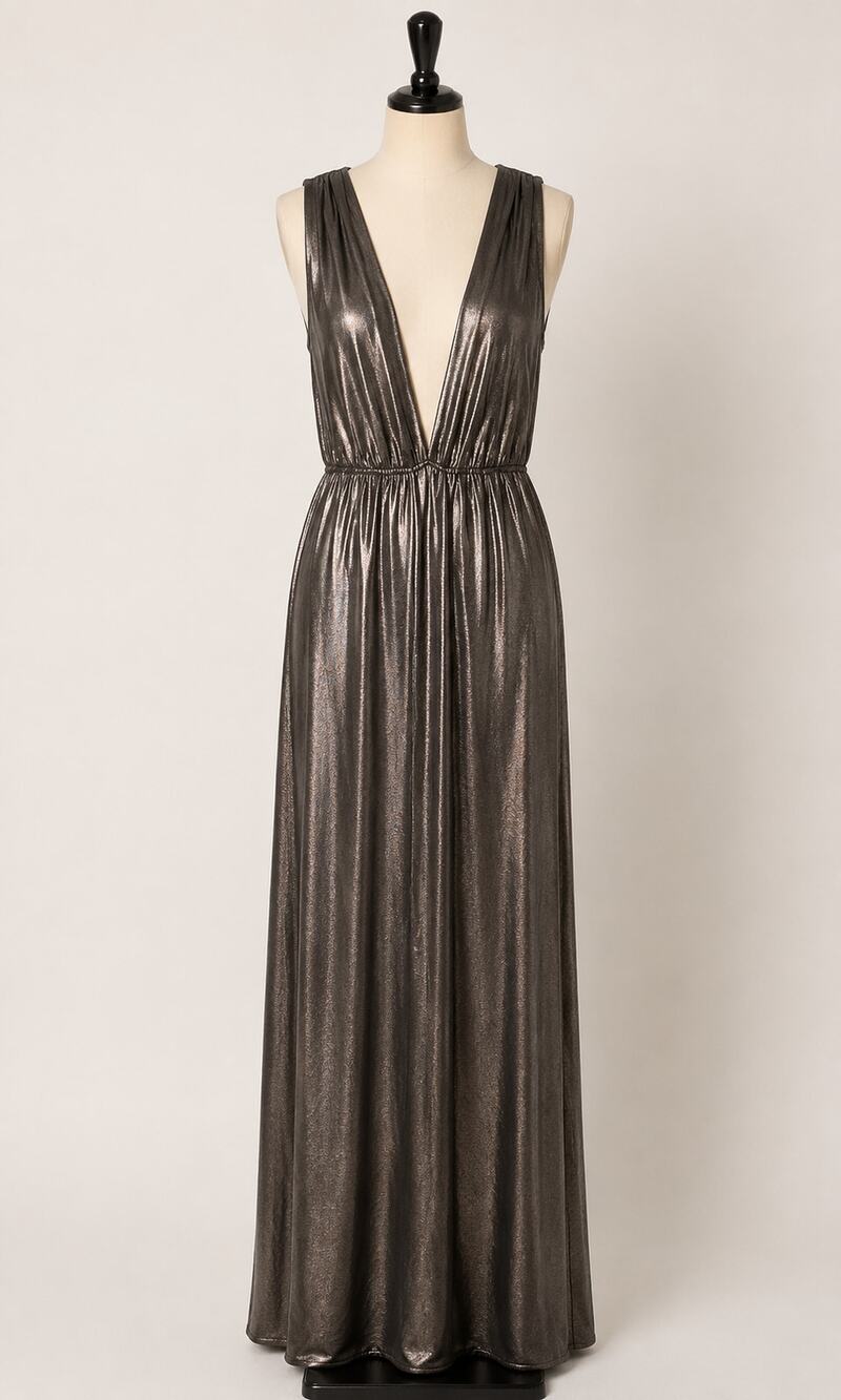 About Us Meredith Plunge Maxi Deep VNeck Sleeveless Shiny Bronze Metallic Small